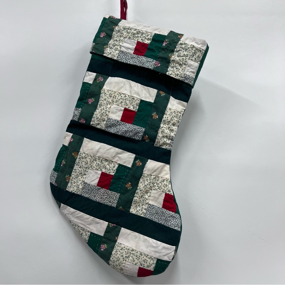 Vintage quilted Patchwork Christmas Stocking in Green, White & Red holiday